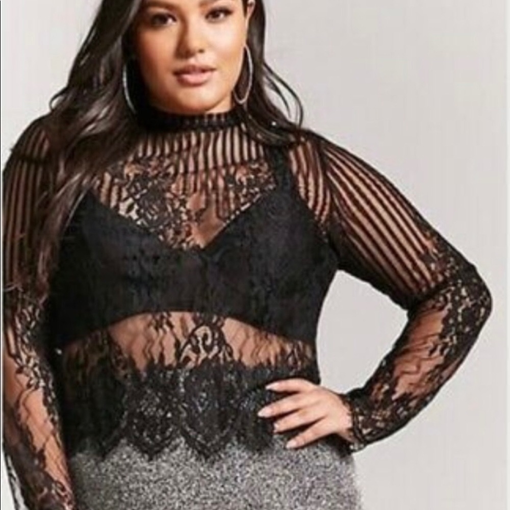 Forever 21+ black mesh lace shadow stripe high neck longsleve cropped top 1X